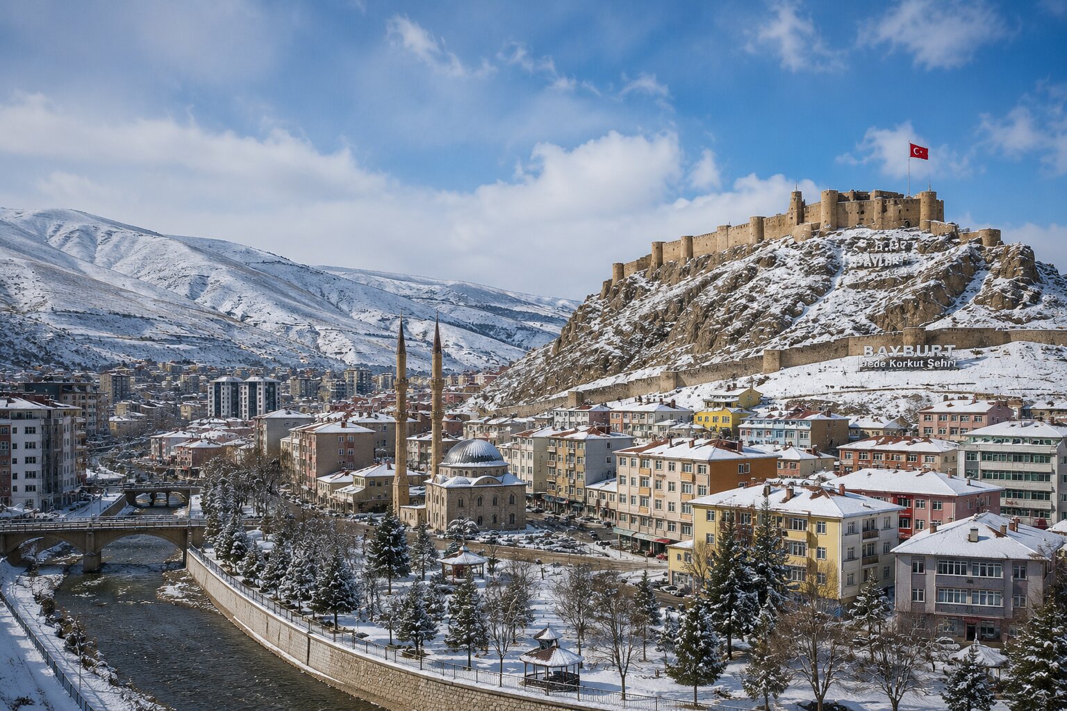 Bayburt şehir merkezi ve Bayburt Kalesi manzarası