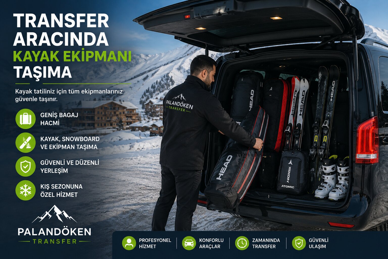 Transfer aracında kayak ekipmanı taşıma